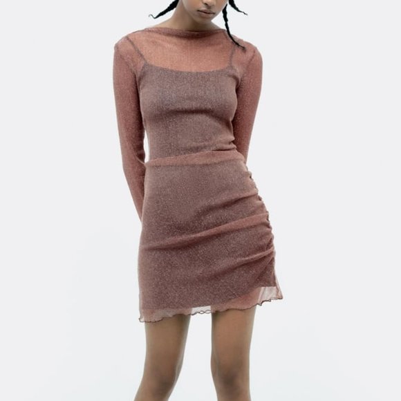 NWT PINK BROWN CONTRASTING SPARKLY MESH DRESS. - Picture 1 of 9